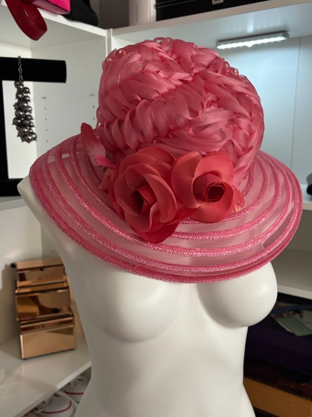 Giovannio Florence New York Kentucky Derby Pink Floral Satin Hat with Roses